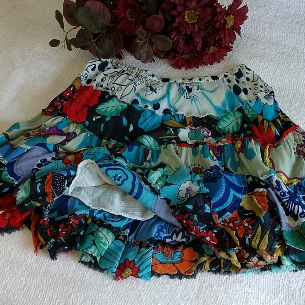 Short Rag Skirt Boho Festive Flowy Gypsy Stretch L - Picture 1 of 7